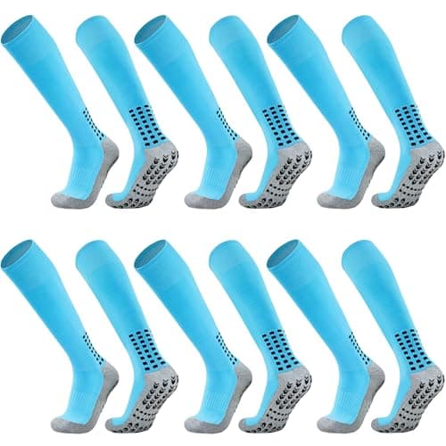 Vegove 6 Pairs Men's Cushioned Soccer Socks with Grip, Non Slip Sports Socks, Knee High Compression Basketball Stockings (Sky Blue)