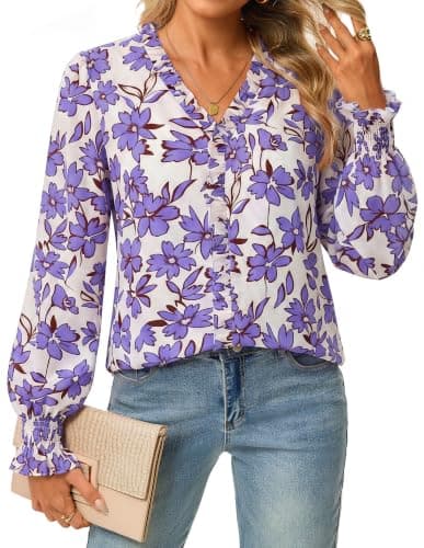 GRACE KARIN Womens Long Sleeve Boho Tops Ruffle Work Blouses Lilac S