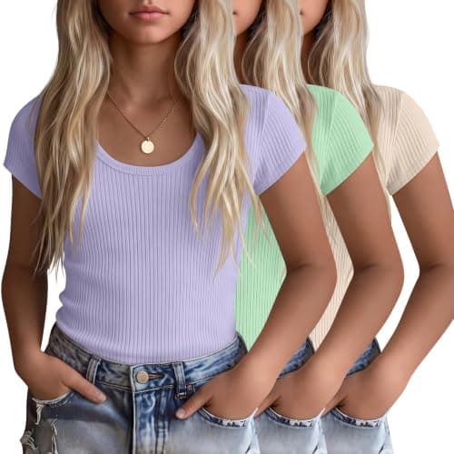 YooAurvox 3 Pack Girls' Cap Sleeve T-Shirts Kids Ribbed U-Neck Tops Casual Fitted Shirts Teen Summer Cute Tees 5-14 Years(Light Purple, Light Green, Apricot,7-8 Years)
