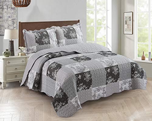 Brilliant Sunshine Multi Grey Toile & Floral Patchwork Quilt Set,Full/Queen