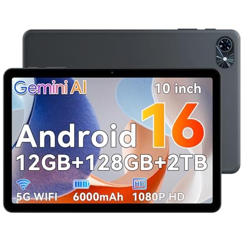 10-Inch Android 16 Tablet, Android 16 Tablet with Gemini AI,12GB RAM + 128GB Storage (Expandable to 2TB), 120Hz HD Display, 6000mAh Battery with Fast Charging, 5G WiFi, GPS, 2-Year Warranty