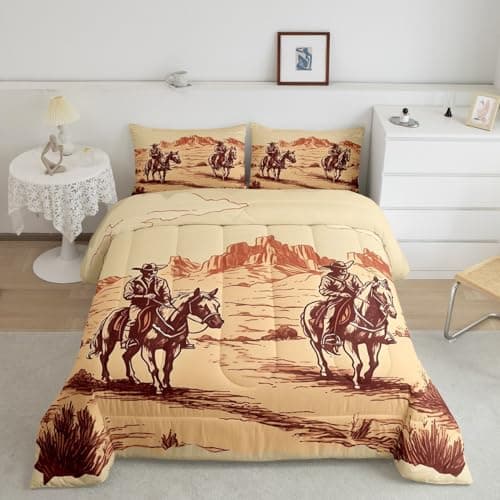 Cowboy Western Bedding Wild West Desert Mountain Bed Comforter Set Rustic Home Decor, Western Farmhouse Comforter Set for Boys Girls Teens Country Theme Farm Life Duvet Insert King 3 Piece
