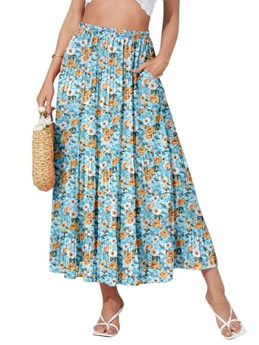 NASHALYLY Women's High Waisted Maxi Skirt,Elastic Chiffon Boho Long Skirt with Pockets(Blue Yellow Floral,M)