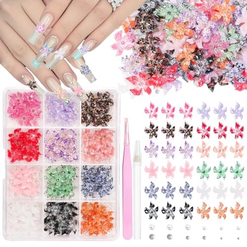 Soft 3D Flower Nail Charms, Color Tropical Hawaii Lily Flower Nail Art Charms, Handmade Hibiscus Flowers Designs for Acrylic Nails Art DIY Design Supplies