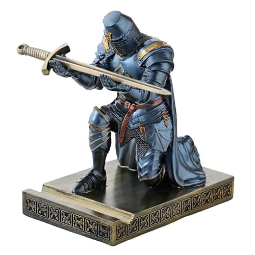 NCQIXIAO Medieval Templar Vanguard Officer Knight Pen Holder Pen Stand Desk Organizers and Accessories Resin Mobile Phone Stand as Gift for Office and Home Desk Organizer (Blue)