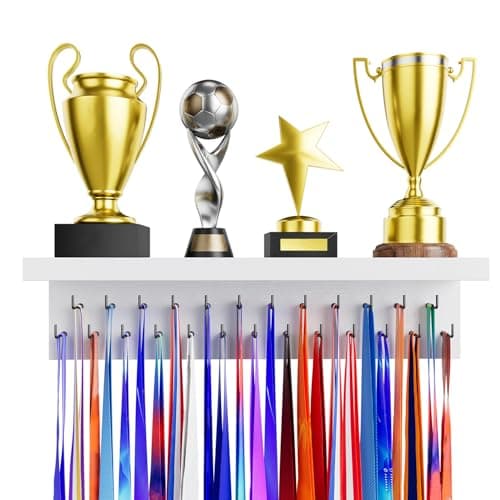 DSVENROLY Medal Hanger Display, Trophy Holder, 25 Black Hooks, White