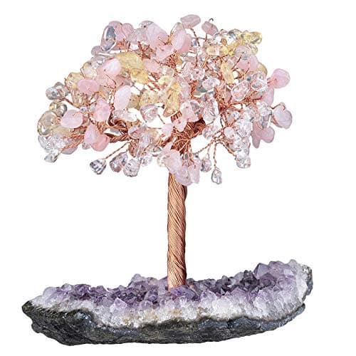 mookaitedecor Natural Rose Quartz & Rock Quartz & Citrine Crystal Tree with Amethyst Cluster Crystal Base Money Tree Figurines Feng Shui Desk Decoration, Meditation Table Altar Decor, 4.5-6 Inches