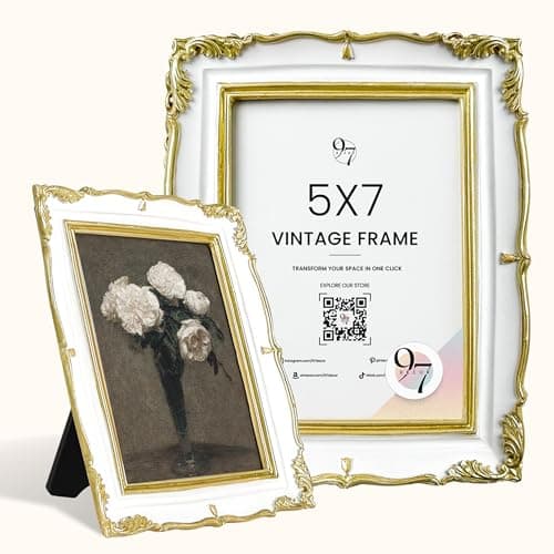 97 Decor White Gold Vintage Picture Frame 5x7-5 By 7 Ornate Frame, Decorative Antique Picture Frames 5x7 For Tabletop And Wall Hanging, Fancy Frames For Home Bedroom Decor