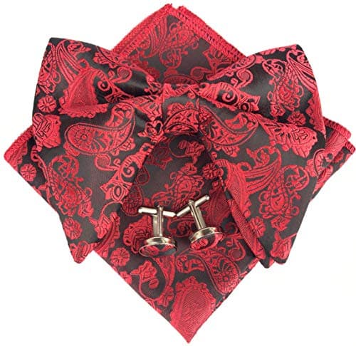 Justar Mens Pre-Tied Paisley Bowtie Oversized Tuxedo Bow Tie Hankie Cufflinks Set (Red)