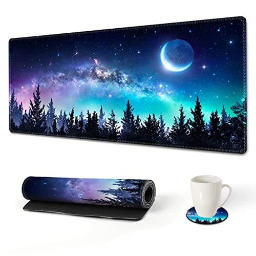 AIMSA Extended Gaming Mouse Pad, XL Large Keyboard Mouse Mat Desk Pad with Stitched Edges, Durable Non-Slip Base Mousepad for Home Office Work, 35x15.7inch, Forest Moon Sky