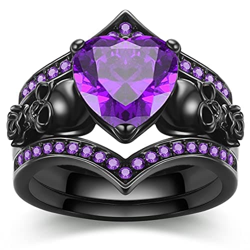 GTISKL Gothic Black Rose Flower Skull Engagement Ring Set Red Purple Heart-shaped Zircon Crystal Wedding Anniversary Mother's Day Holiday Gift Jewelry (purple, 10)