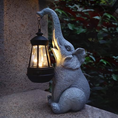 VIOYOUNS Elephant Solar Garden Statues,Resin Elephant Figurine Decorations with Solar Lights Lantern, Outdoor Garden Decor Art for Lawn,Yard, Unique Housewarming Gift for Garden Home