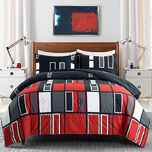 ARTALL Microfiber 2 Pieces Comforter Set Black Gray Red Plaid Pattern Lightweight Bedding Set, Twin/TwinXL Size with 1 Sham