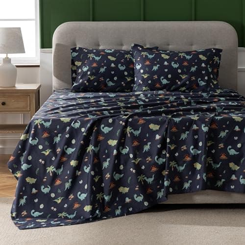 Sushing Cartoon Printed Brushed Microfiber Bedding Set – Ultra Soft 85GSM Cozy Sheet and Pillowcase Set, Lightweight Bedding with Animal Pattern for All Ages, Machine Washable(Twin, Dino)