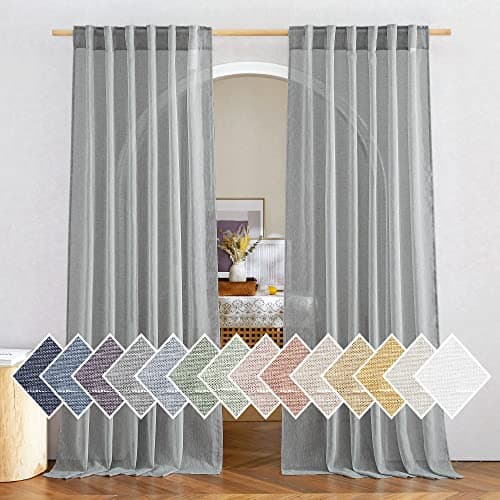 NICETOWN Semi Sheer Charcoal Gray Bedroom Curtains, Rod Pocket & Back Tab Rustic Faux Linen Window Treatments Privacy with Light Filtering for Living Room, W52 x L95, Set of 2