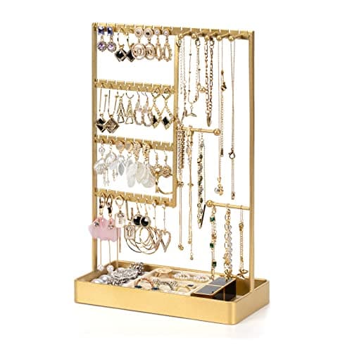 PiQi-Grecge Jewelry Organizer, 4-Tier Earring Holder Organizer with Metal Tray, Jewelry Holder Stand for Necklaces Stud Earrings Bracelets and Rings, Earring Organizer (Gold)