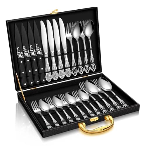 Stapava 24 Pcs Gorgeous Retro Royal Silverware Set with Gift Box, Stainless Steel Cutlery Flatware Set for 4, Include Forks Spoons and Knives set, Dishwasher Safe Utensils Set, Mirror Polished