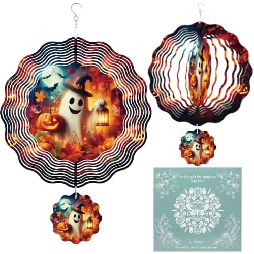 Halloween Ghost Wind Spinner, 12 Inch Metal Outdoor Hanging Garden Decor