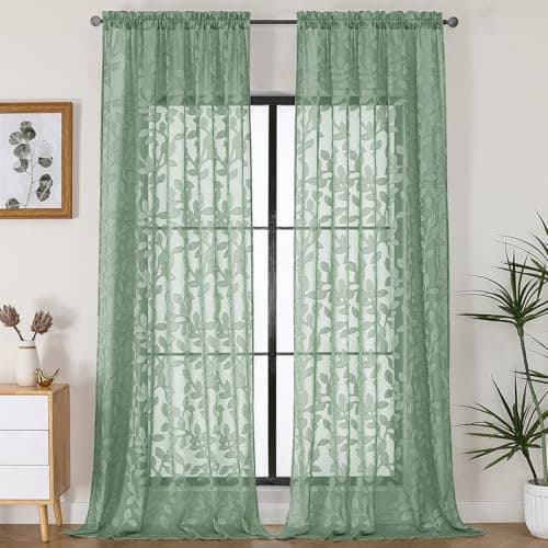 OVZME Sage Green Sheer Curtains 120 inches Long 2 Panels for Living Room, Jacquard Clip Leaf Pattern Textured Light Filtering Window Semi Sheer Voile Drapes for Bedroom, Each Panel 52 x 120 Inch