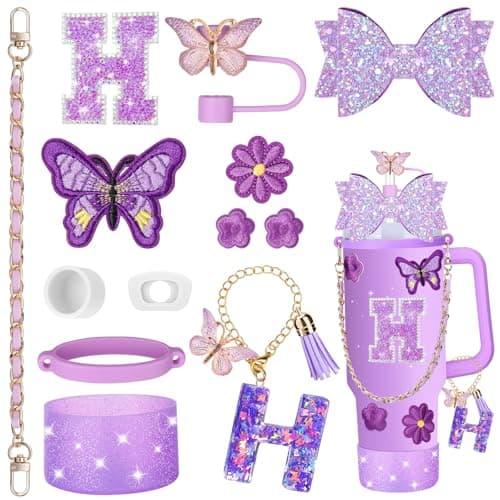 Mity rain 14PCS Purple Cup Accessories for Stanley Cup 30oz 40oz tumbler with handle - Includes Strap,Straw Bow Decorate,Straw Cover,Boot,Spill Proof Stoppers,Handle Charms,Letter Sticker(Initials H)