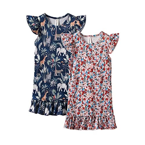Mud Kingdom Toddler Girls Soft Princess Dresss Cute Cartoon Dress Casual Dress Cartoon Animals Floral 2T