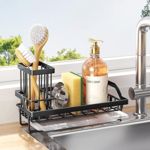 Consumest Sponge Holder for Kitchen Sink - Kitchen Sink Caddy Organizer with Removable Drip Tray for Countertop Dish Soap Dispenser Brush Storage Accessories 304 Stainless Steel - Black