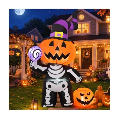 GOOSH 6 FT Halloween Inflatable Pumpkin Skull Body Outdoor Decorations Blow Up Yard Pumpkin with Built-in LEDs for Garden Lawn Party Decor