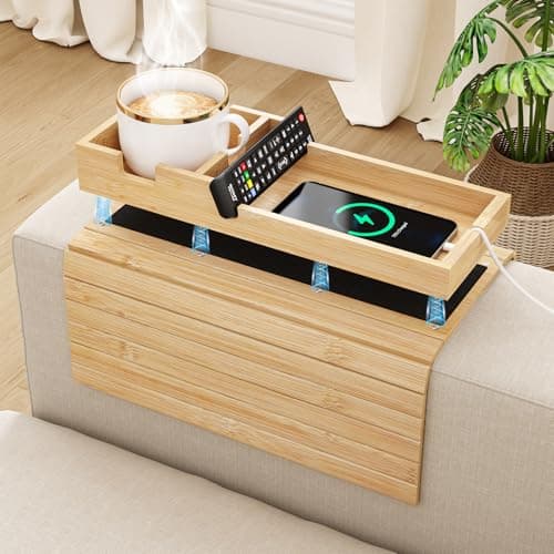 Bamboo Foldable Sofa Armrest Tray with Magnetic Detachable Cup Holder & Anti-Slip Pad | Versatile Couch Arm Table for Drinks, Snacks, Phone, Remote Control Organizer
