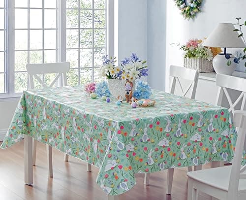 Newbridge Easter Cotton Tail Bunny Party Vinyl Flannel Backed Spring Tablecloth - Cottage Style Bunny Rabbit, Easter Egg & Floral Wipe Clean Easy Care Vinyl Tablecloth, 60” x 102” Oblong/Rectangle