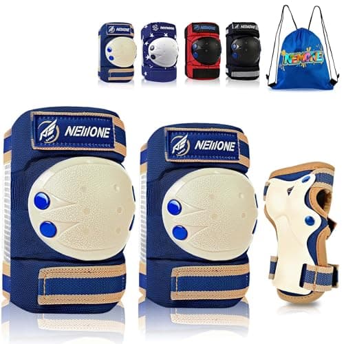 NEMONE Knee Pads for Kids, Girls Boys Knee Elbow Pads Wrist Guards with Drawstring Bag, Adjustable Reflective Protective Gear Set for Roller Skates Bike Cycling Skateboard Scooter - Brown M