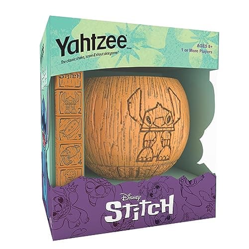 YAHTZEE: Disney Stitch, Collectible Tiki Style Dice Cup, Classic Dice Game Based on Disney’s Lilo & Stitch, Great for Family Night, Officially Licensed Disney Game & Merchandise