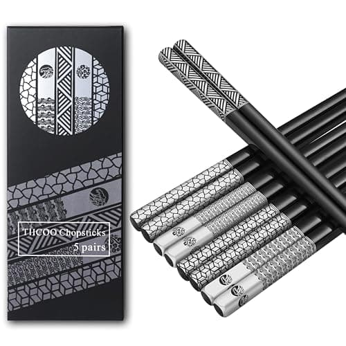 TIICOO Stainless Steel Chopsticks Set-5 Pairs Reusable Metal Chopsticks 18/8 Dishwasher Safe, Non-Slip Laser Engraved Tips -Premium Japanese Korean Style Titanium Plated Black Chop sticks -Gift Box