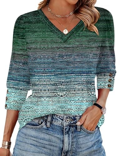 Ivicoer 3/4 Sleeve Tops for Women Blouses Business Casua V Neck Fall Clothes Shirts (Green Blue Ethnic, XL)
