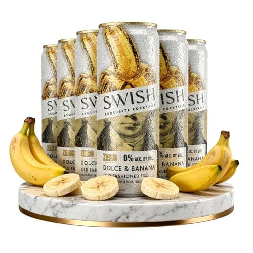 SWISH Zero Dolce & Banana Old Fashioned Fizz – Alcohol-Free Sparkling Cocktail, 6 x 12 fl oz, Bourbon-Inspired Mocktail with Banana & Oak Notes, Zero Proof Drink, Vegan, Premium Non-Alcoholic Cocktail