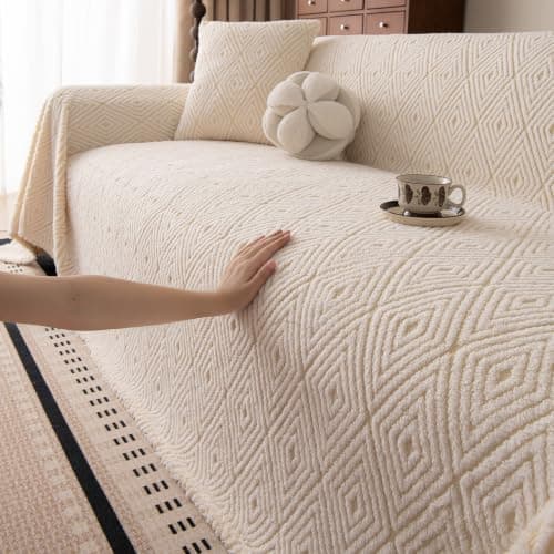 ROOMLIFE Checkered Boho White Couch Cover for 2-3 Cushion Sofa 71''X134”