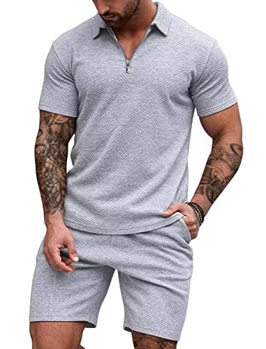 EISHOPEER Men's 2 Piece Shorts Polo Shirt and Shorts Set Tracksuit Summer Outfits Fashion Casual Short Sleeve Polo Suit Grey Small