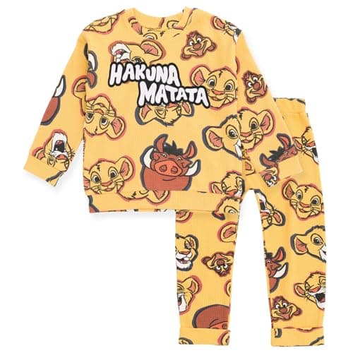 Disney Lion King Simba Timon Pumbaa Toddler Boys Waffle Knit Drop Shoulder Sweatshirt & Jogger Pants Brown 2T