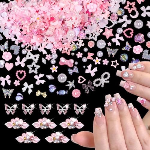 600 Pcs 3D Pink Assorted Nail Charms and Chunky Butterfly Charm, 3D Junk Case Charms Kit, Mix Styles Pearls Star Heart Bows Moon Flowers Acrylic Nails Art Charms Embellishments for Nails Art