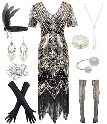 Women 1920s Gatsby Vintage Sequin Flapper Fringe Party Plus Dress with 20s Accessories Set (M, Styele Flower Black Gold)