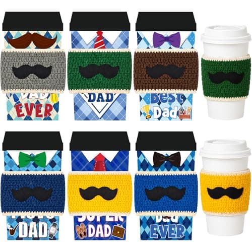 Cinrobiye 6 Pack Father's Day Coffee Lover Set, Crochet Coffee Cup Sleeves with Appreciation Cards, Reusable Knit Cup Cozies for Father, Grandpa, Husband, Family Celebrations