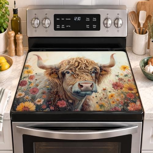 Stove Top Covers for Electric Stove,Highland Cow Flower Rubber Flat RV Range Stovetop Protector,Prevents Scratching, Expands Usable Space 28.5'' x 20.5''