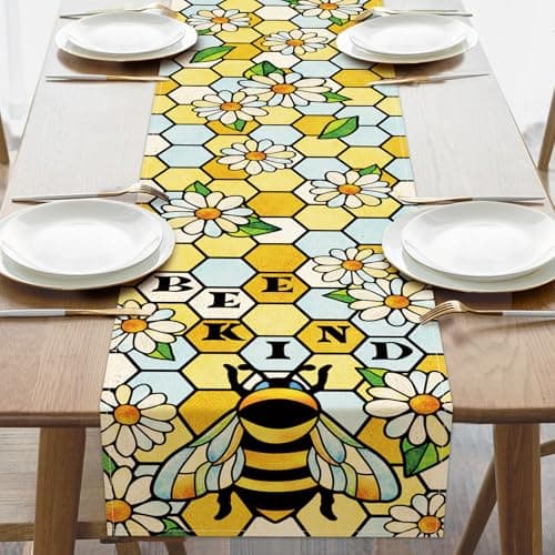 Croar Spring Summer Bumble Bee Floral Dining Table Runner, Bee Kind