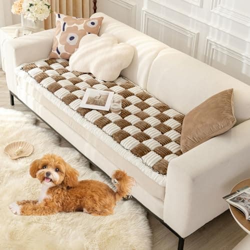 Fuzzy Couch Cover for Dog, Modern White Brown Checkered Couch Cushion Cover