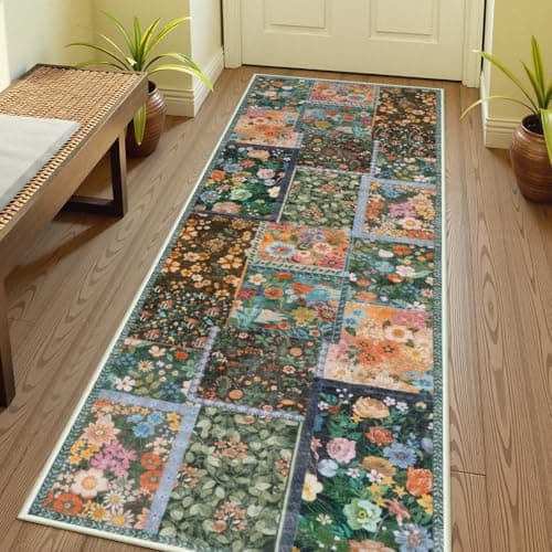 LIVEBOX 2x6 Brown Runner Rug for Hallways, Patchwork Area Rug Washable Runner for Bedroom, Soft Kitchen Carpet Non Slip for Hardwood Floor, Neutral Low Pile Front Door Runner Indoor Entrance