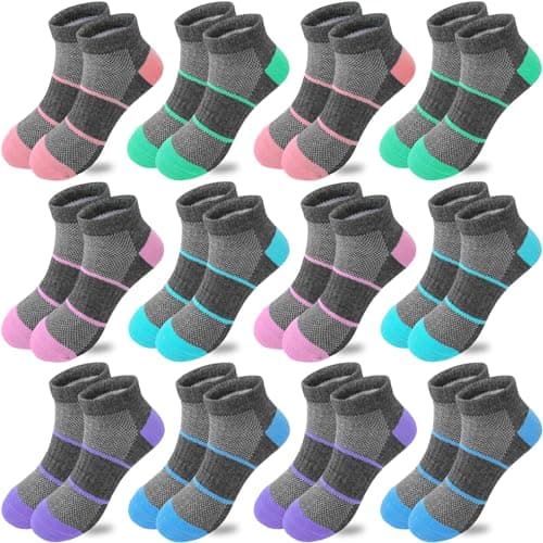 Bemeol 12 Pairs Girls Socks Kids Low Cut Ankle Socks Girls Half Cushion Athletic Sock(5-7 Years)
