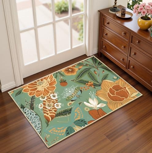 Tyrot Sage Green Boho Floral 2x3 Washable Kitchen & Entryway Rug Ultra-Thin Flat Woven Low Pile Botanical Butterfly Area Rug Non-Slip Indoor Door Mat for Bathroom Bedroom