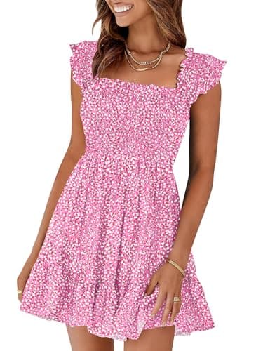 Prinbara Womens Summer Casual Square Neck Smocked Short Sundress 2026 Spring Beach Vacation Flowy Cute Teen Girl Boho Dresses Pattern Red White Medium