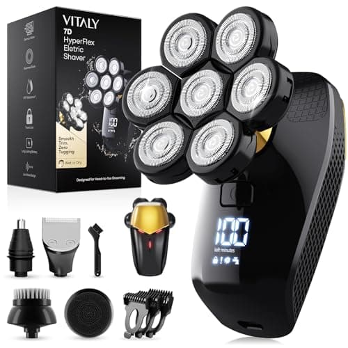 VITALY Head Shavers for Bald Men, 9800RPM High Speed No Tug Blad Head Shavers for Men with Travel Lock 7 Individual Floating Head IPX7 Waterproof Rechargable 5-in-1 Grooming Kit for Leg Face Scalp