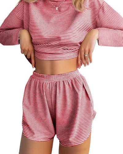 JUSTFASHIONNOW Pajamas for Women Set Shorts Striped Lounge Set 2 Piece Outfits Comfy Long Sleeve Loungewear Christmas Matching Sleepwear Long Sleeve Top and Shorts Fall Winter (Red, X-Large)