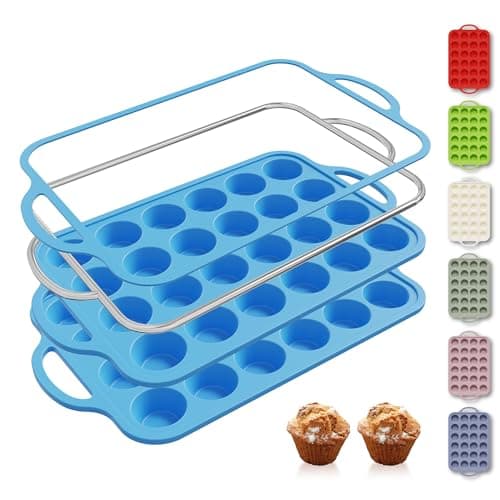 Socisen 2 Packs 24 Cups Silicone Muffin Pan with Metal Reinforced Frame Mini Size Cupcake Pan Tray Egg Bites Cookie Molds Muffin Tin Tart Pans chocoflan mold Baking Sheet Set Breakfast Sandwiches